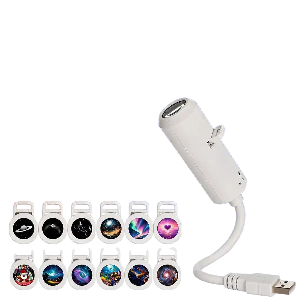 White usb star projector with flexible neck and adjustable head featuring interchangeable film discs for night light use