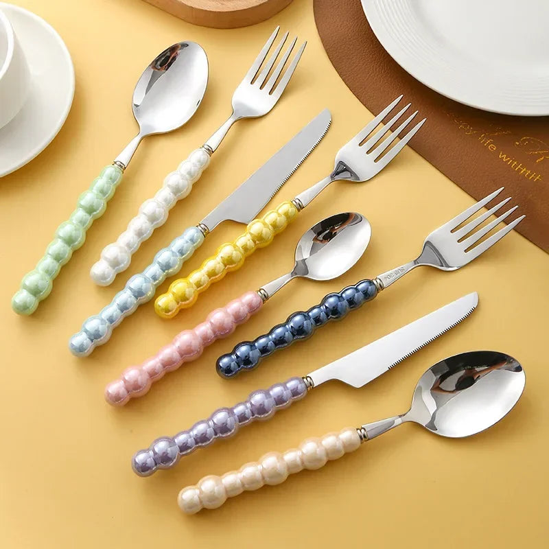 4Pcs Luxury Dinnerware Set Ceramic Pearl Handle Stainless Steel Spoon and Fork Set Western Silver Cutlery High-looking Tableware
