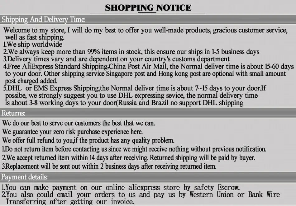 Shopping notice with black text on white background detailing shipping times and return policies for the Megir men canvas chronograph watch.