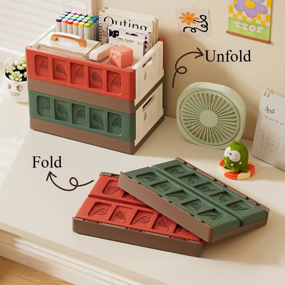 multicolored plastic foldable storage box with leaf-shaped cutouts and handle for stackable organization and actual goods storage