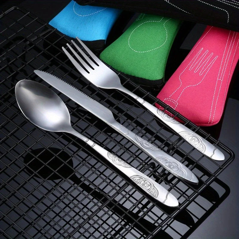 Portable Dinnerware Set - Ultra-Portable, Vibrant Printed, Stainless Steel Cutlery Set with Knifes, Fork, Spoon Carrying Bag