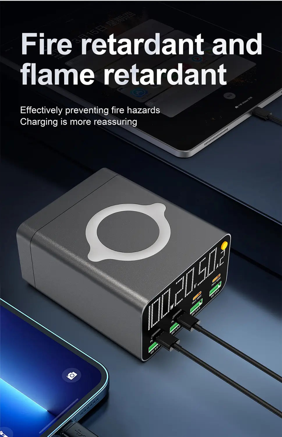Gray rectangular usb type c multiport charging station 120w featuring a white circular wireless charging pad and multiple usb ports for versatile device charging.