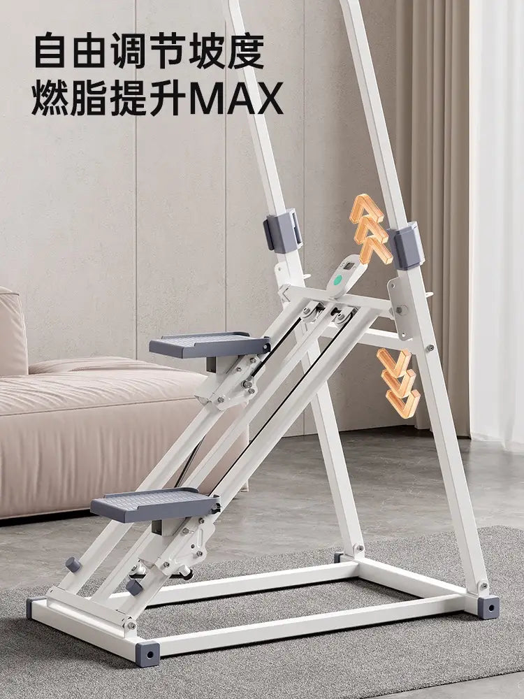 Machine d’escalier à inclinaison réglable en blanc et gris avec bandes de résistance orange, équipement d’étape pour le fitness à domicile.