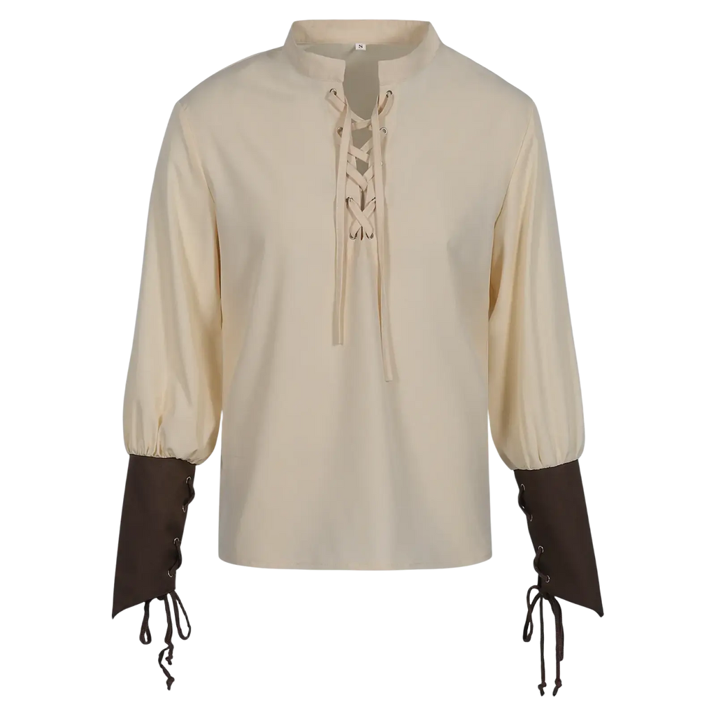 Beige medieval long-sleeved pirate shirt with dark brown lace-up cuffs and front lacing detail for men