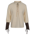 Beige medieval long-sleeved pirate shirt with dark brown lace-up cuffs and front lacing detail for men