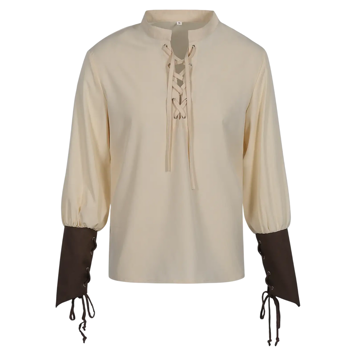 Beige medieval long-sleeved pirate shirt with dark brown lace-up cuffs and front lacing detail for men