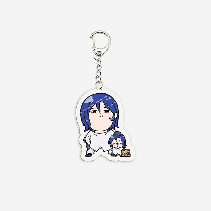 Clear acrylic anime chibi keychain featuring a blue-haired character in a white school uniform holding a smaller version of themselves.
