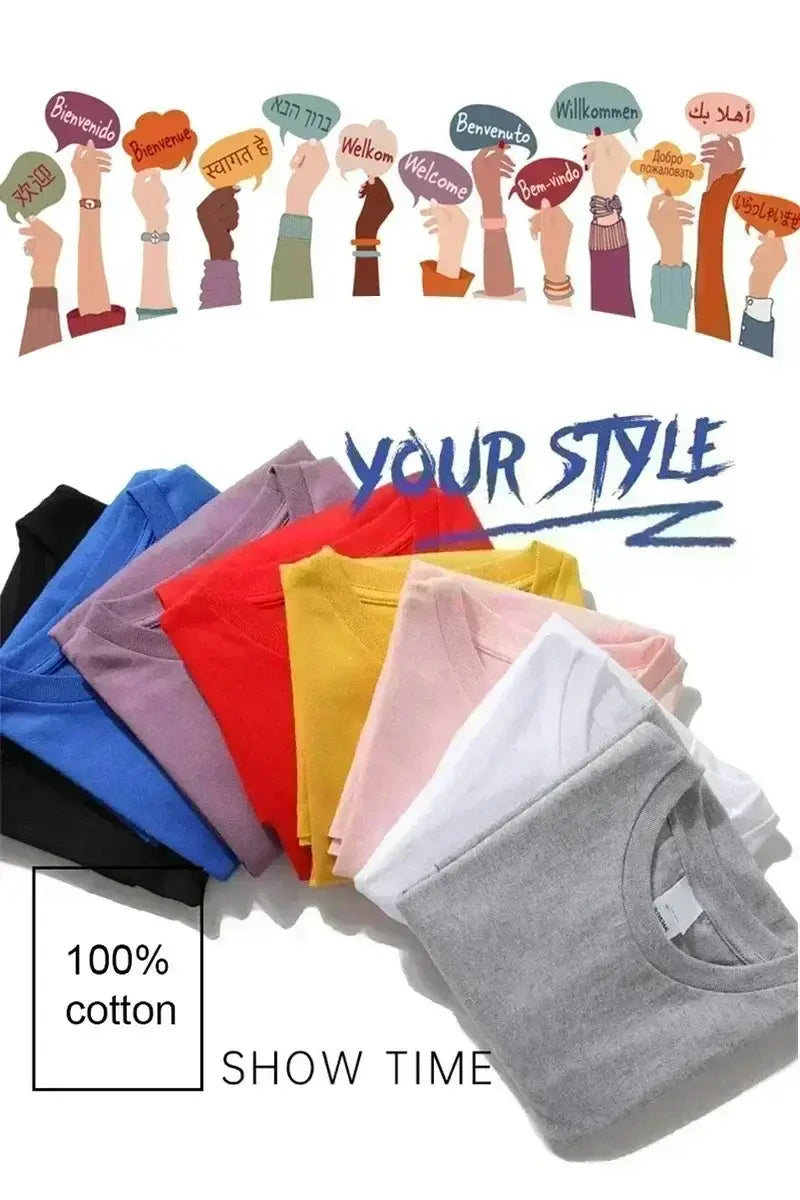 A collection of colorful funny quote novelty graphic tee shirts made of 100 percent cotton in black blue red yellow pink white and gray.