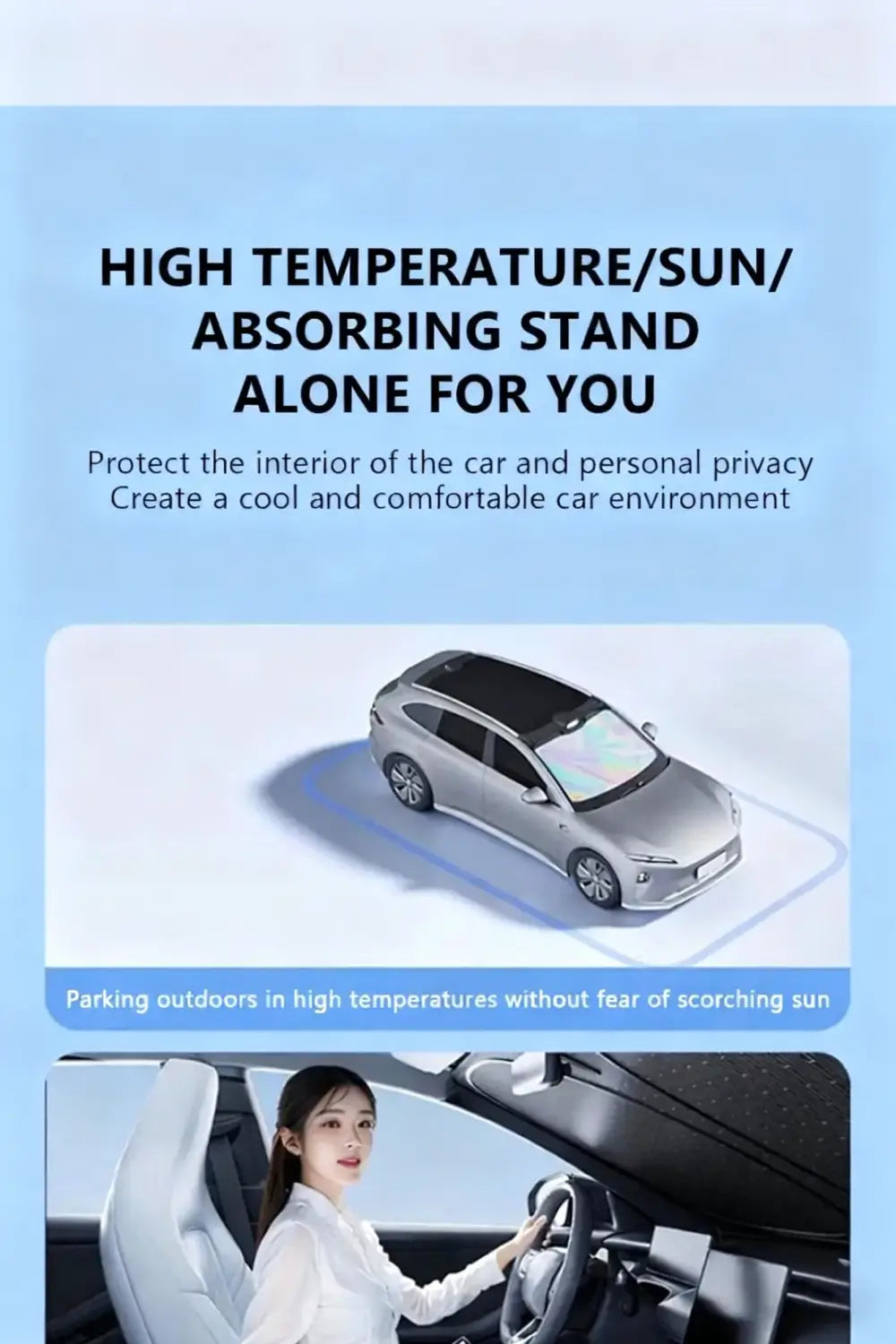 Silver car with black roof parked outdoors in high temperatures featuring a foldable car windshield sun shade with 5-layer UV protection