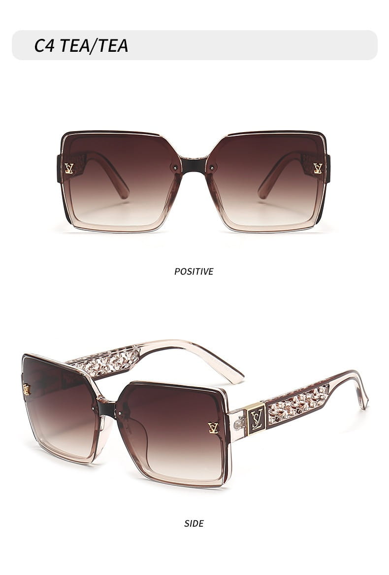 Lunettes de soleil carrées surdimensionnées avec verres dégradés marron, monture noire dotée de logos LV ton or, et branches en cristal offrant une protection UV400 pour des lunettes de créateur unisexes.