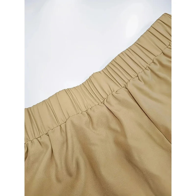 Women's Casual Ethnic Style Clothing Set round Neck Mid-Sleeved Dress Mid-Length Skirt Solid Color Elastic Waisted Pants