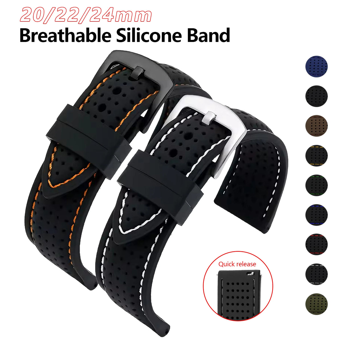 Soft Silicone Rubber Watch Strap 20mm 22mm 24mm Men Women Sport Waterproof Breathable Wrist Band Quick Release Bracelet