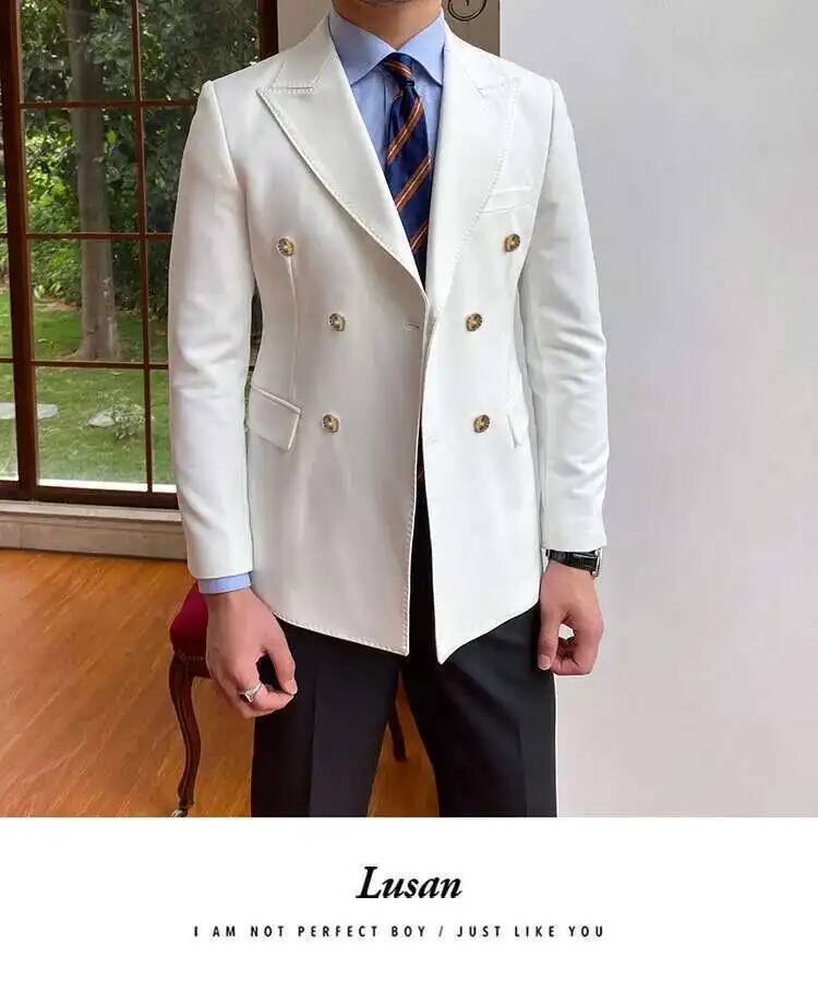 a crisp white double breasted slim fit men blazer jacket featuring gold toned buttons and a tailored fit perfect for formal occasions