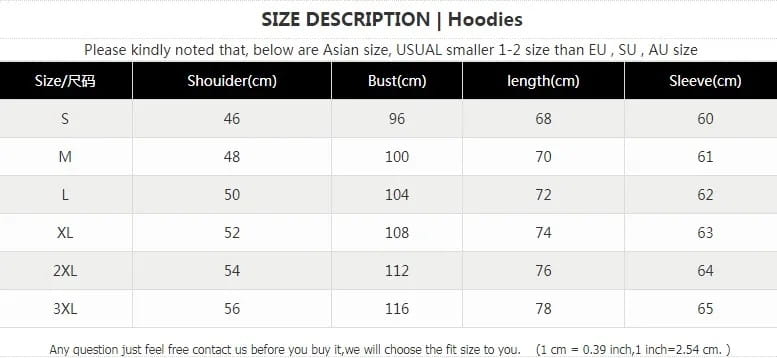 Tableau de description des tailles indiquant des mesures en centimètres par taille pour les sweat-shirts à capuche zippés en molleton épais pour homme.