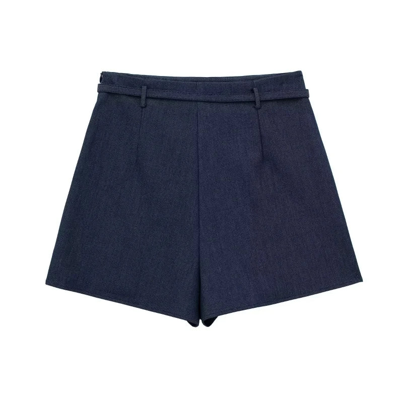 Women’s Summer Cool Daily Navy Blue Shorts With Matching Decorative Belt School Commute Outfit