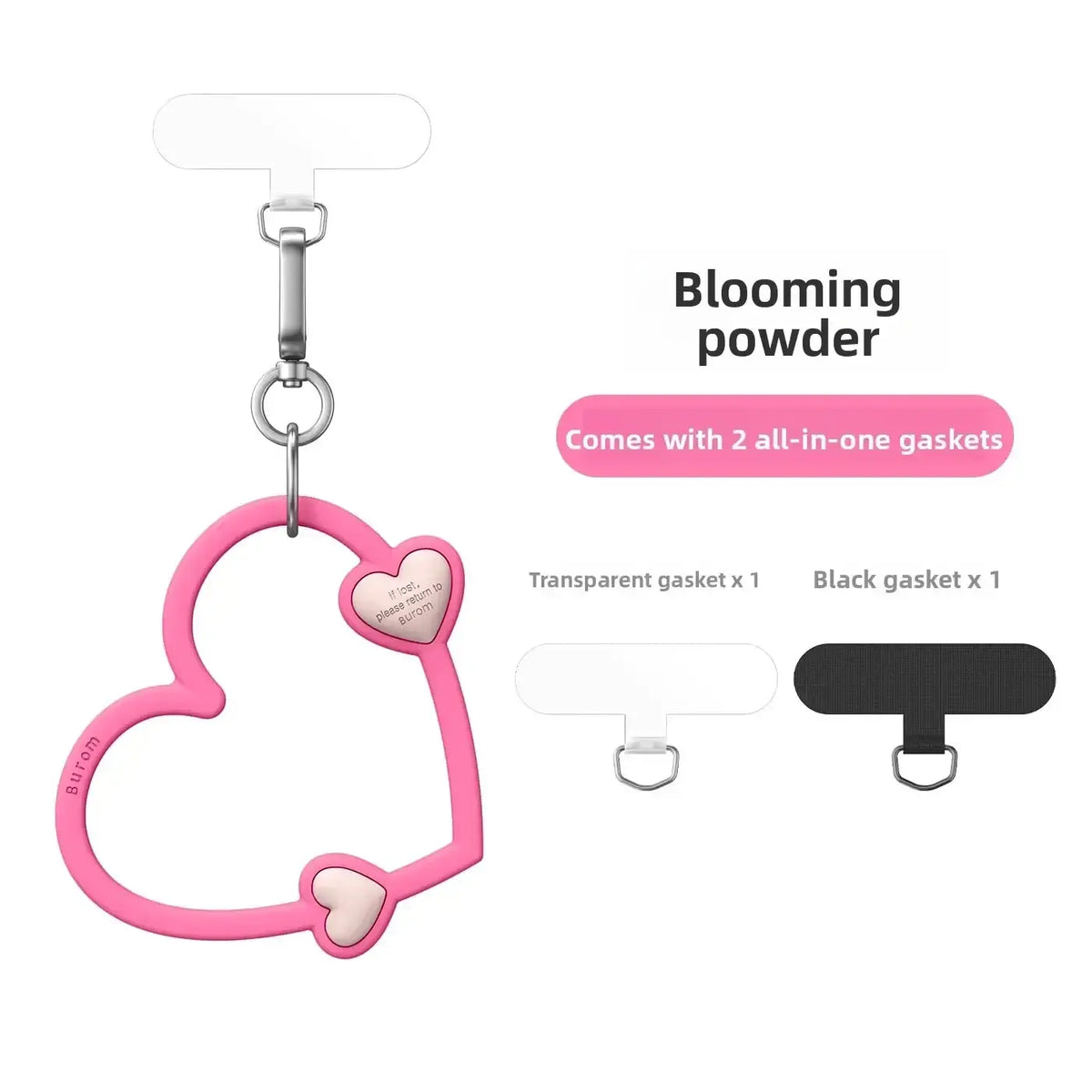 Pink silicone heart phone wrist strap with silver clasp and two small hearts for ins phone wrist use