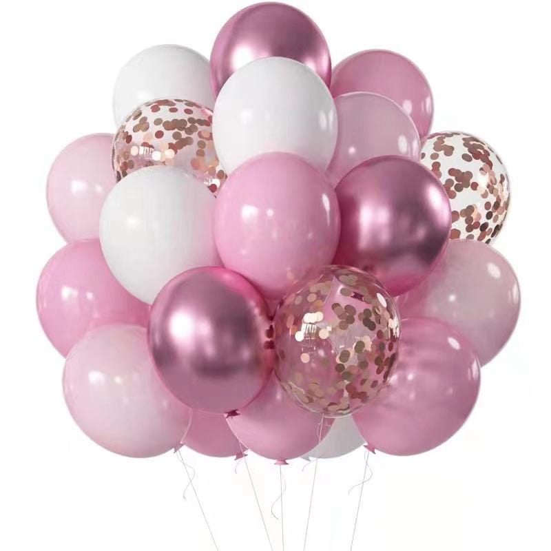 Un conjunto de globos de fiesta de látex metálico en colores rosa, blanco y oro rosa con interiores con confeti brillante, adecuado para cumpleaños y eventos.