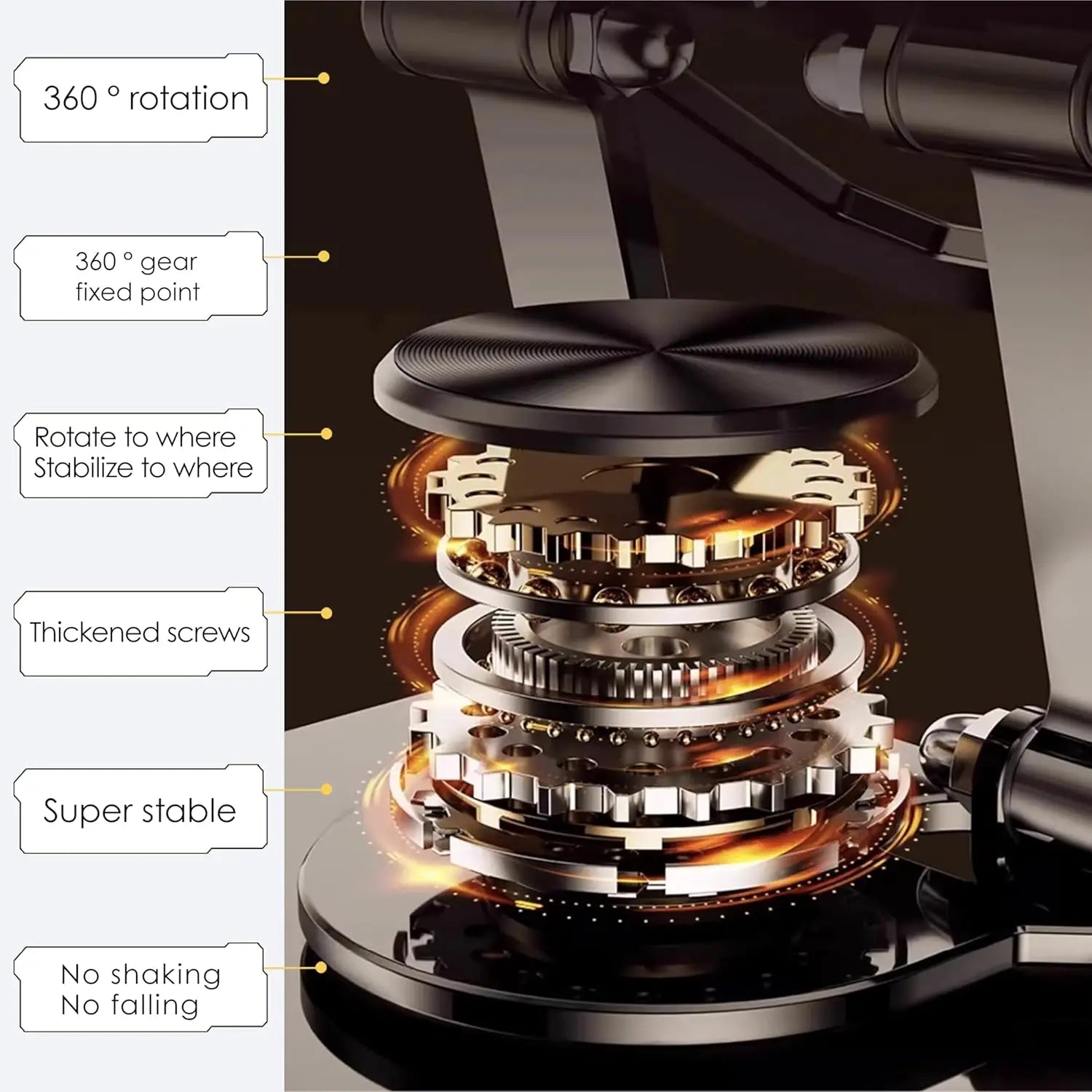 Black and gold precision-engineered metal tablet stand with 360-degree rotatable gear assembly and thickened screws for super stable ipad pro support