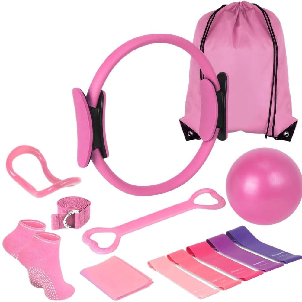 pink pilates ring with black accents and matching pink drawstring bag included in the Pilates Equipment Kit 13-piece fitness set for strength and flexibility training.