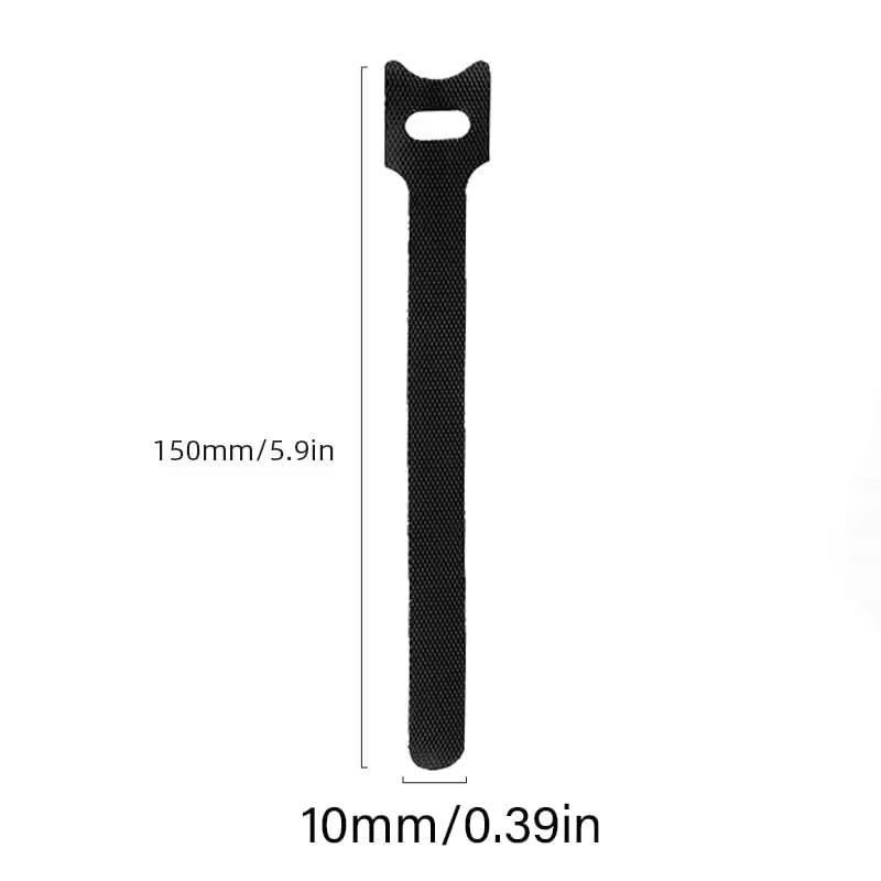 Black cable organizer strap and wire management tie made of black 150mm velcro with a textured fabric surface and a reinforced looped head.