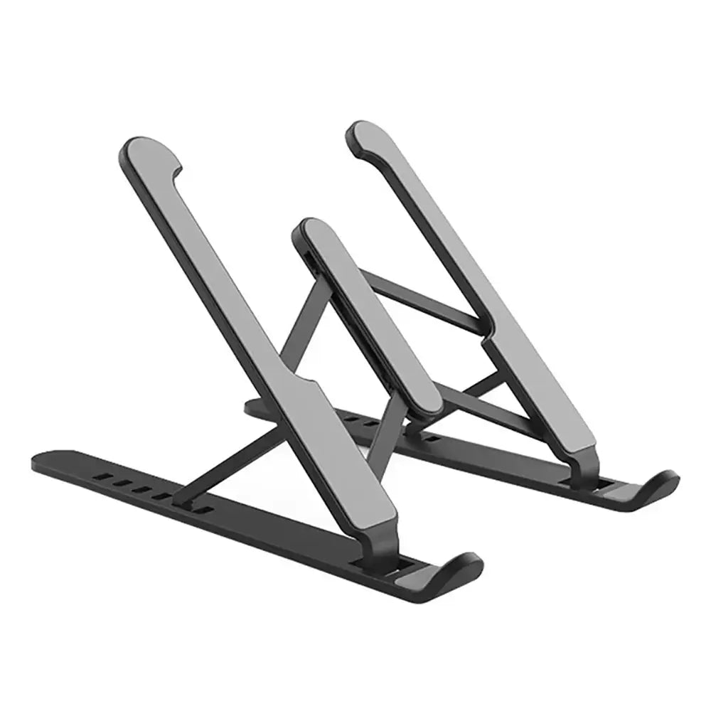 Support pour ordinateur portable pliable et réglable noir et argent, au design minimaliste élégant pour un usage ergonomique.