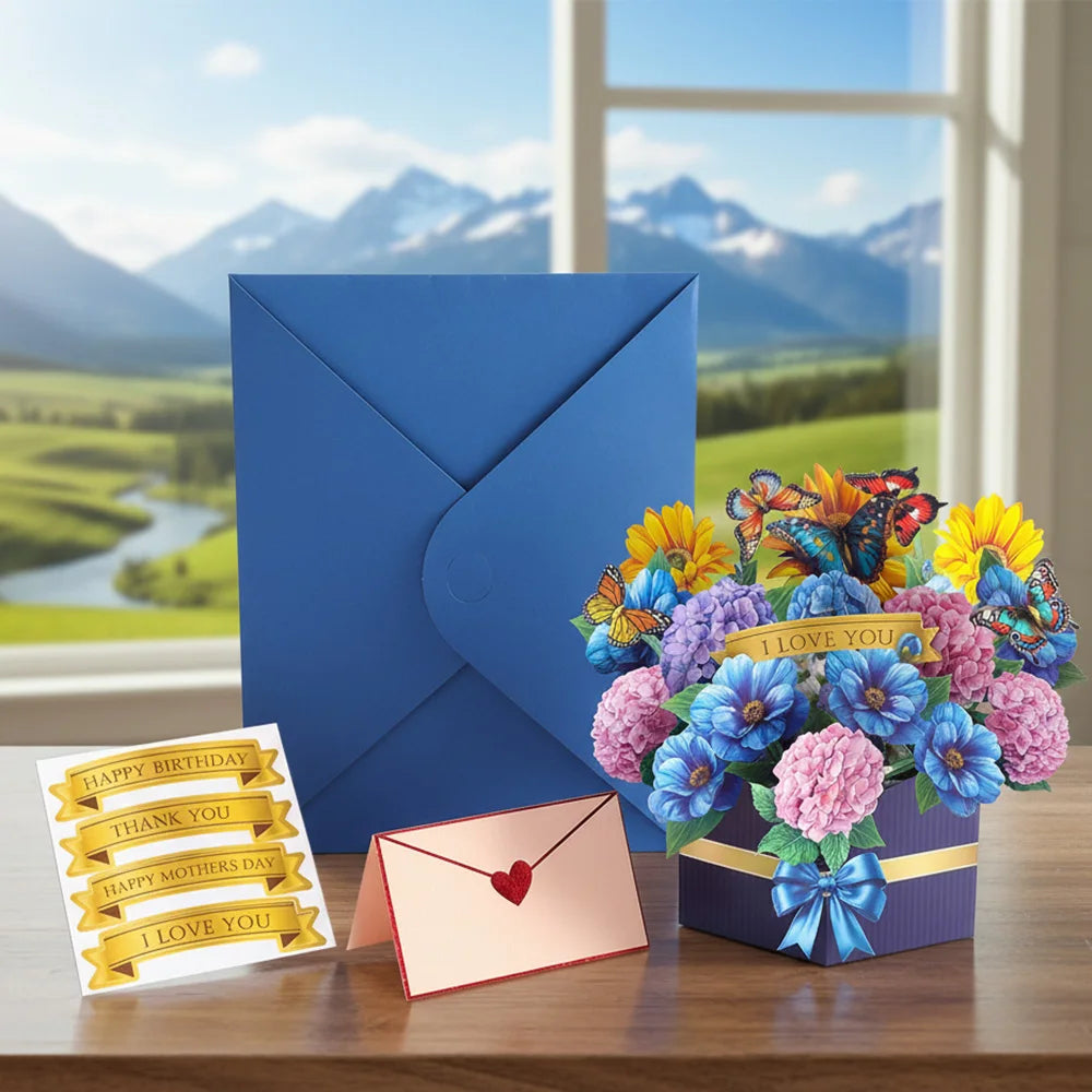 3D Creative Bouquet Gift Card for Mother Father Wife Friends Blessing Card Gift for Mothers Fathers Day Thank You Greeting Cards