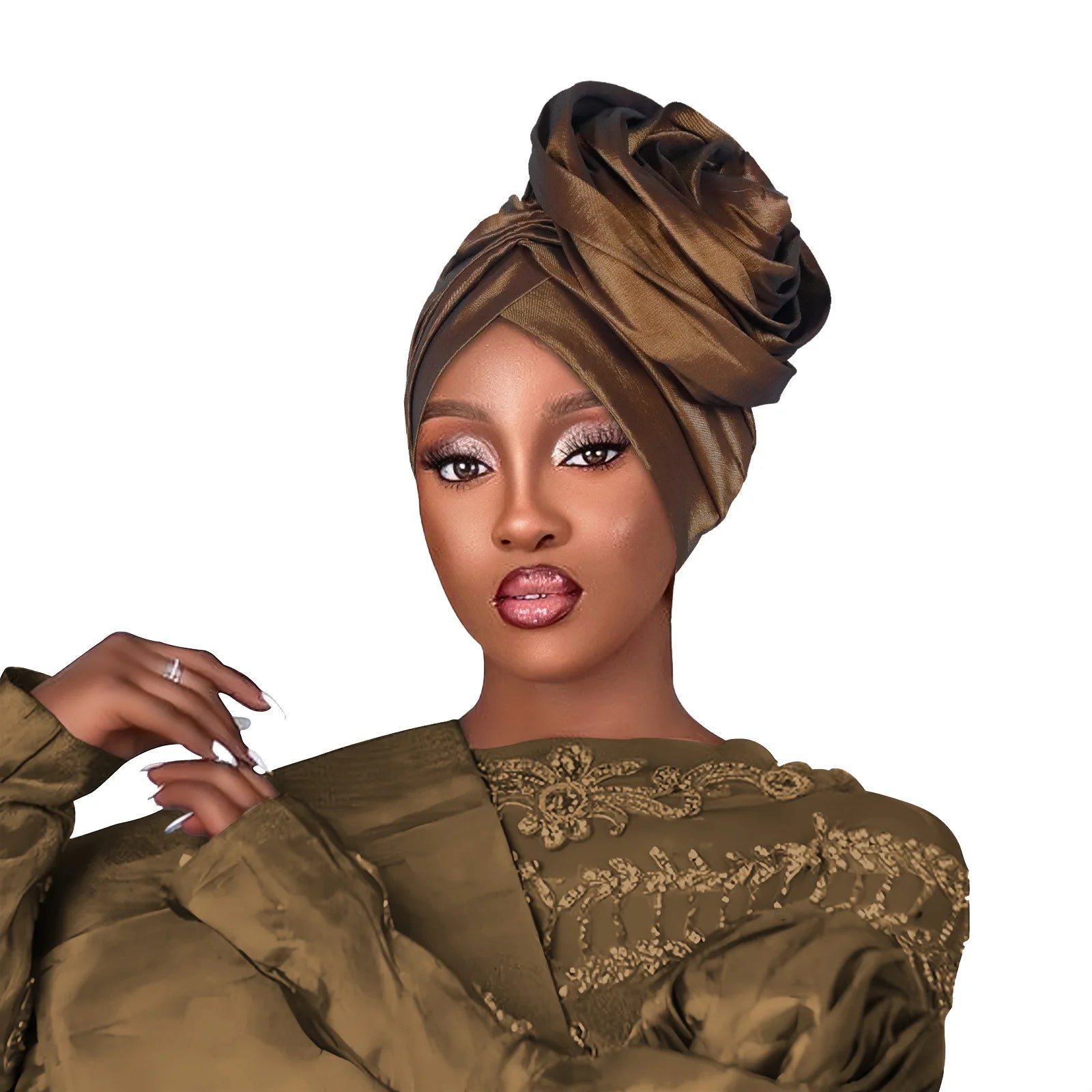 Elegant olive-green satin floral turban cap for women with a sophisticated ruched rose-like top knot.