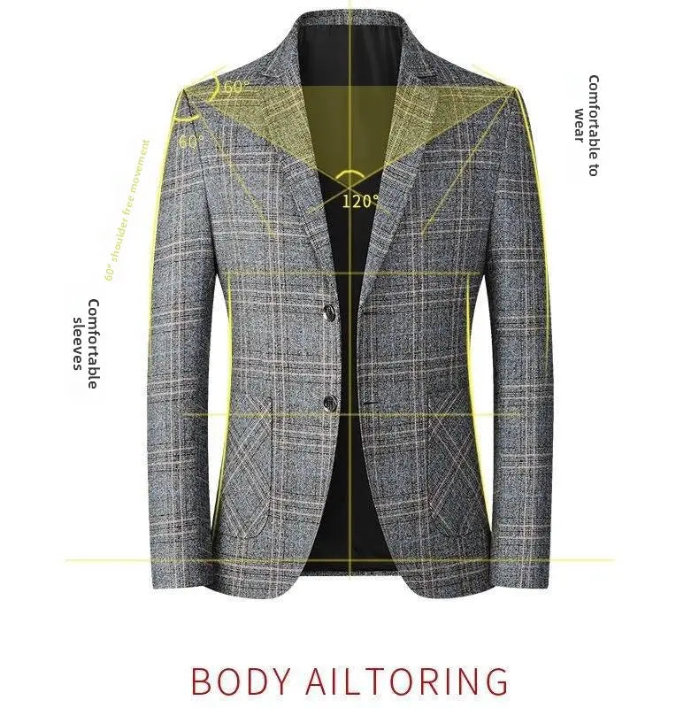 Blazer de lana con mezcla de cuadros grises para hombre, estilo casual de negocios, que presenta un diseño clásico de doble botonadura y solapas tipo muesca.