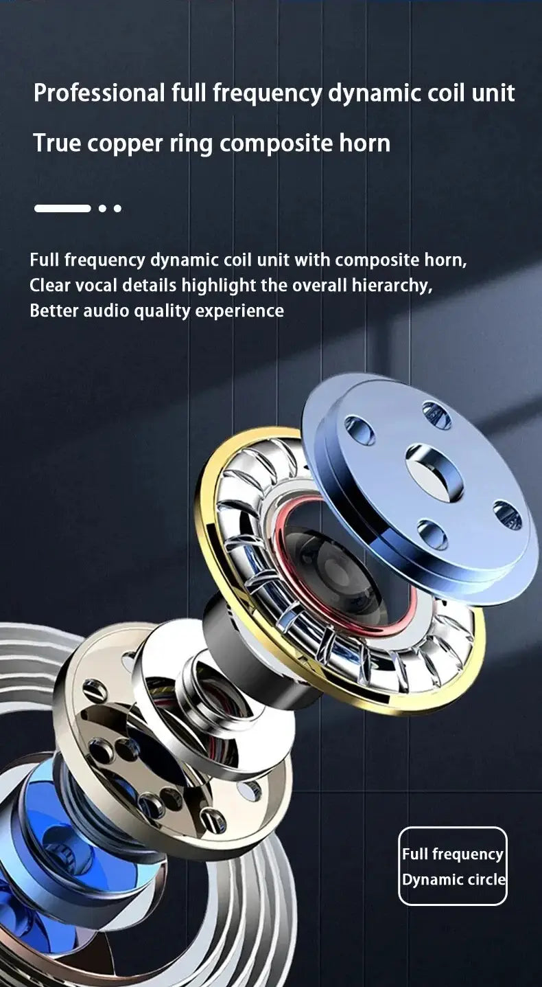 Professional full frequency dynamic coil unit with true copper ring composite horn featuring metallic silver and gold accents in wireless sport ear hook earbuds waterproof Bluetooth.