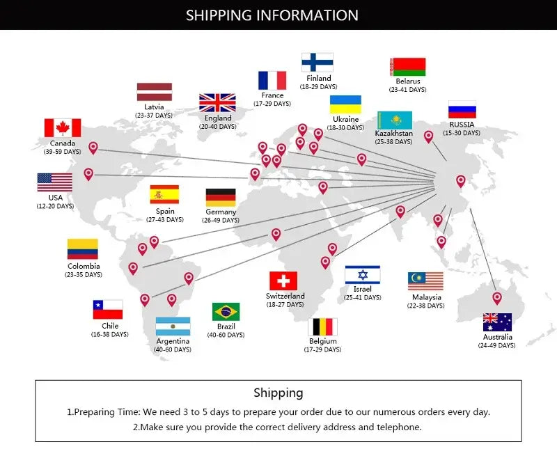 World map displaying shipping times with flags and estimated delivery durations for the women cargo utility maxi skirt.