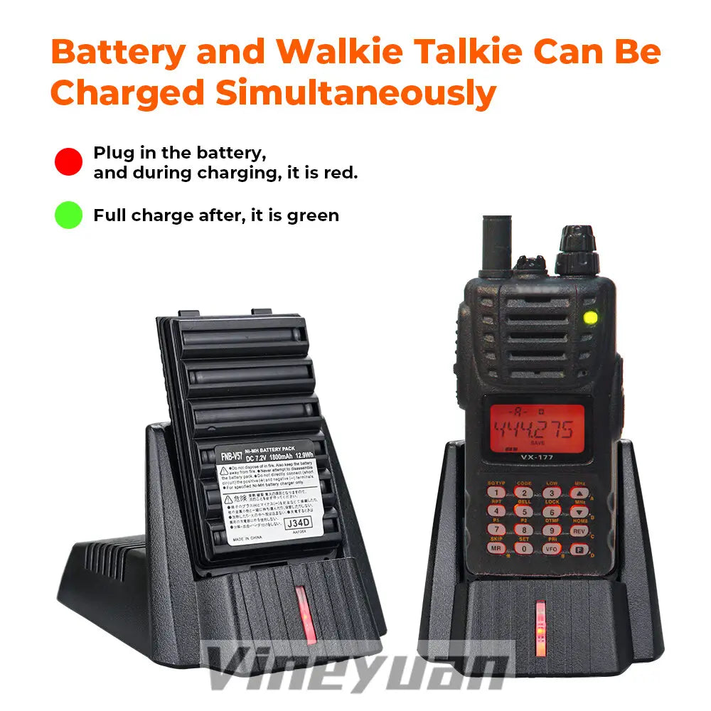Black plastic vertex standard walkie talkie vx-177 with red digital display and keypad shown as item type alongside battery charger for Yaesu Vertex Standard radio.