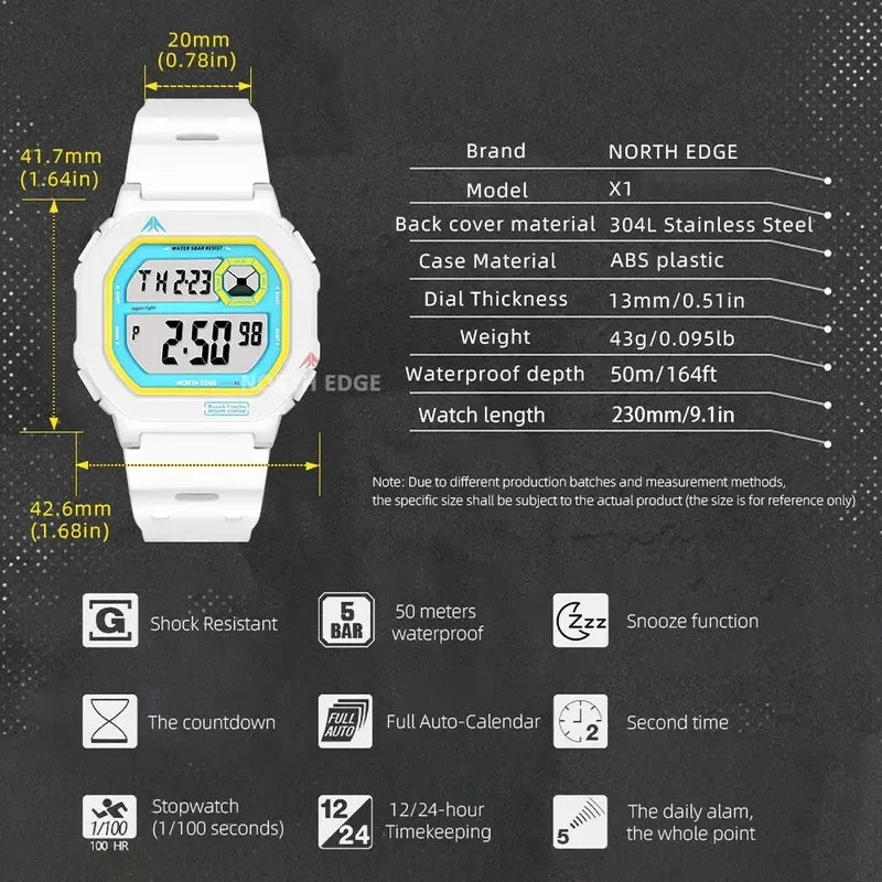 NORTH EDGE 2026 New Smart Watch for Men Digital Watches Simple Square Watches Waterproof 50M Stopwatch Countdown Alarm Luminous