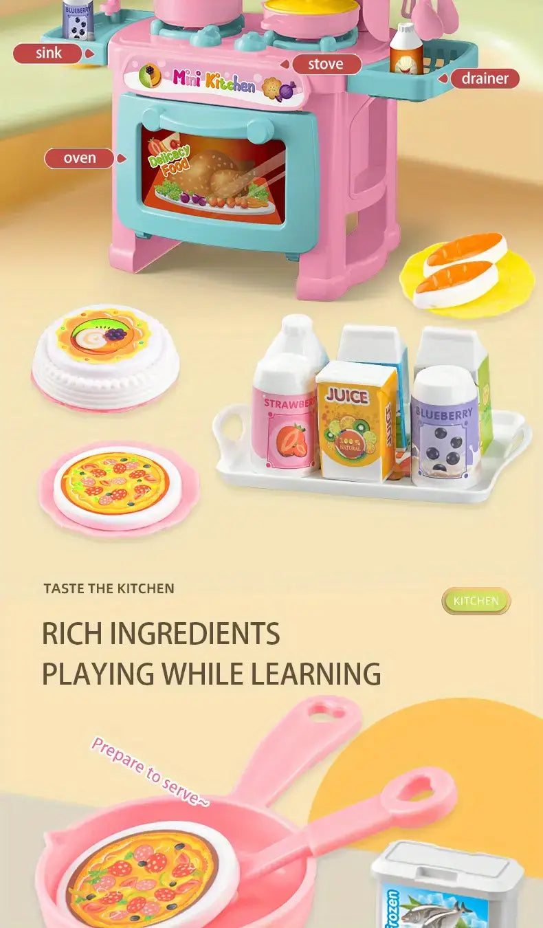 Kleines Küchen-Spielset für Rollenspiel-Kochspielzeuge mit einer pinkfarbenen und türkisfarbenen Mini-Kunststoffküche, Spielzeuggeräten, Lebensmitteln und Trinkbehältern.