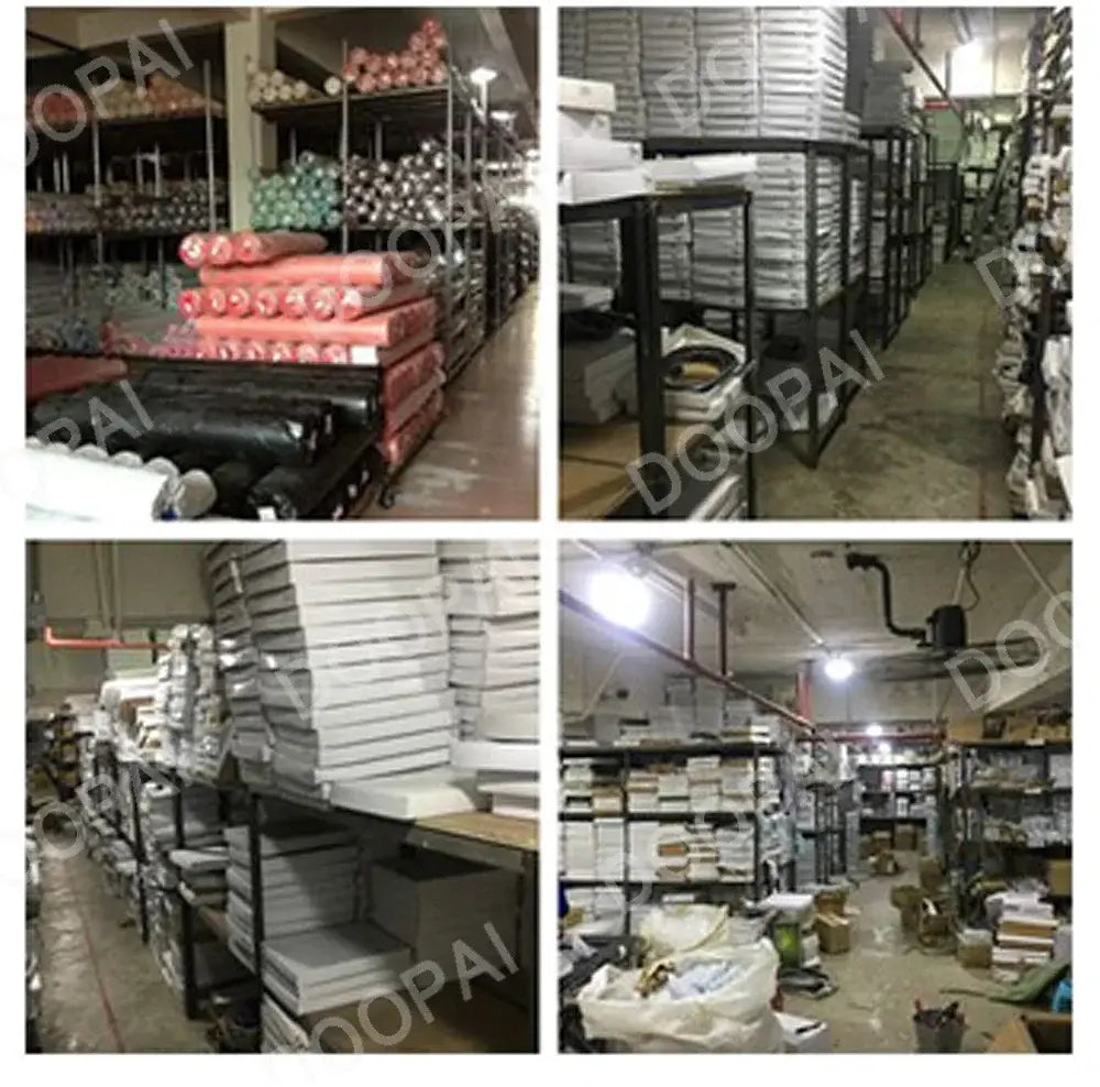 Un entrepôt avec des étagères approvisionnées de rouleaux de tissu et de boîtes liés à la fabrication et au stockage des ceintures à cliquet en cuir pour homme avec boucle automatique