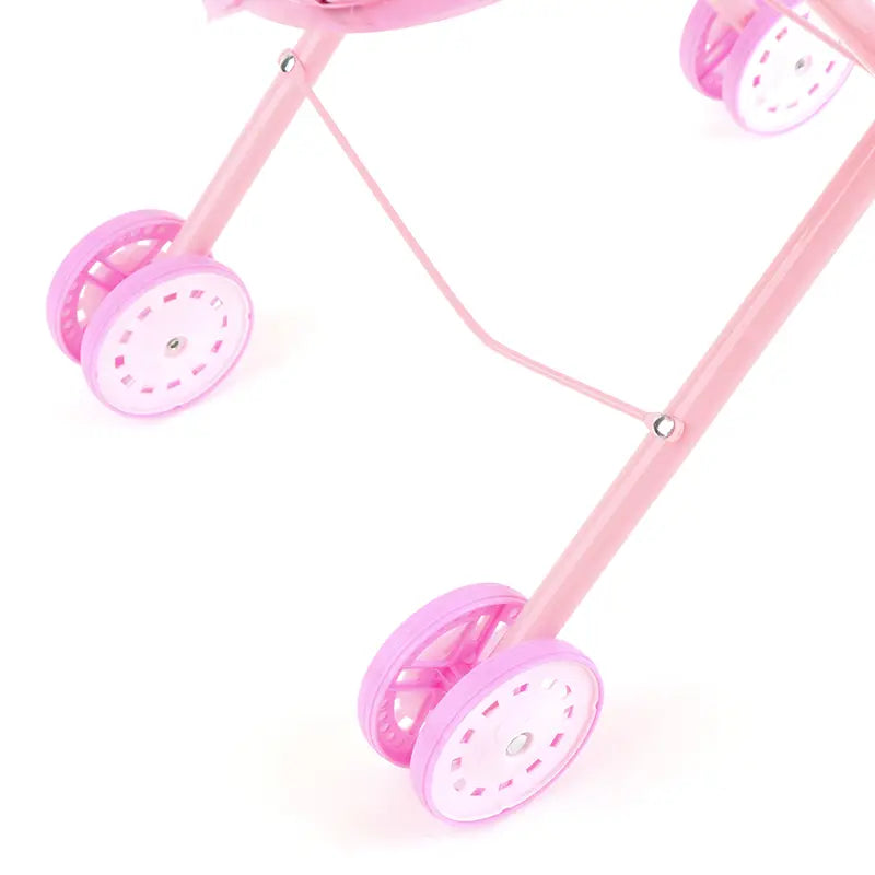 Rosa Plastik-Puppenwagen für 12-Zoll-Babypuppen mit passenden Rädern und schlichter Rahmengestaltung.