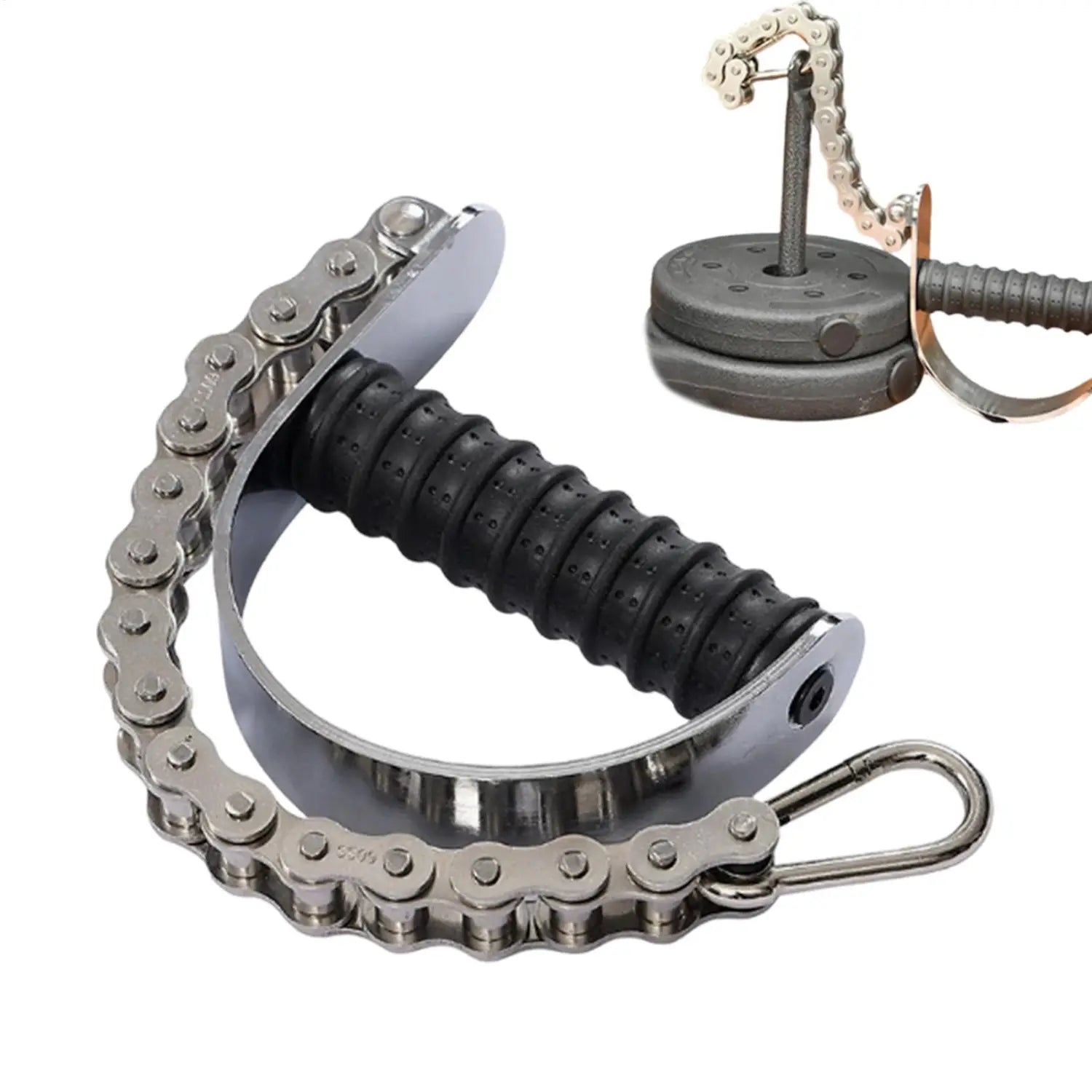 silver bicycle chain handlebar grip with black rubberized textured padding designed as arm wrestling training equipment forearm grip exerciser