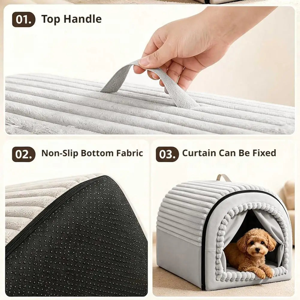 Gray ribbed fabric pet bed cave with a plush top handle and non-slip bottom made of washable warm cotton.