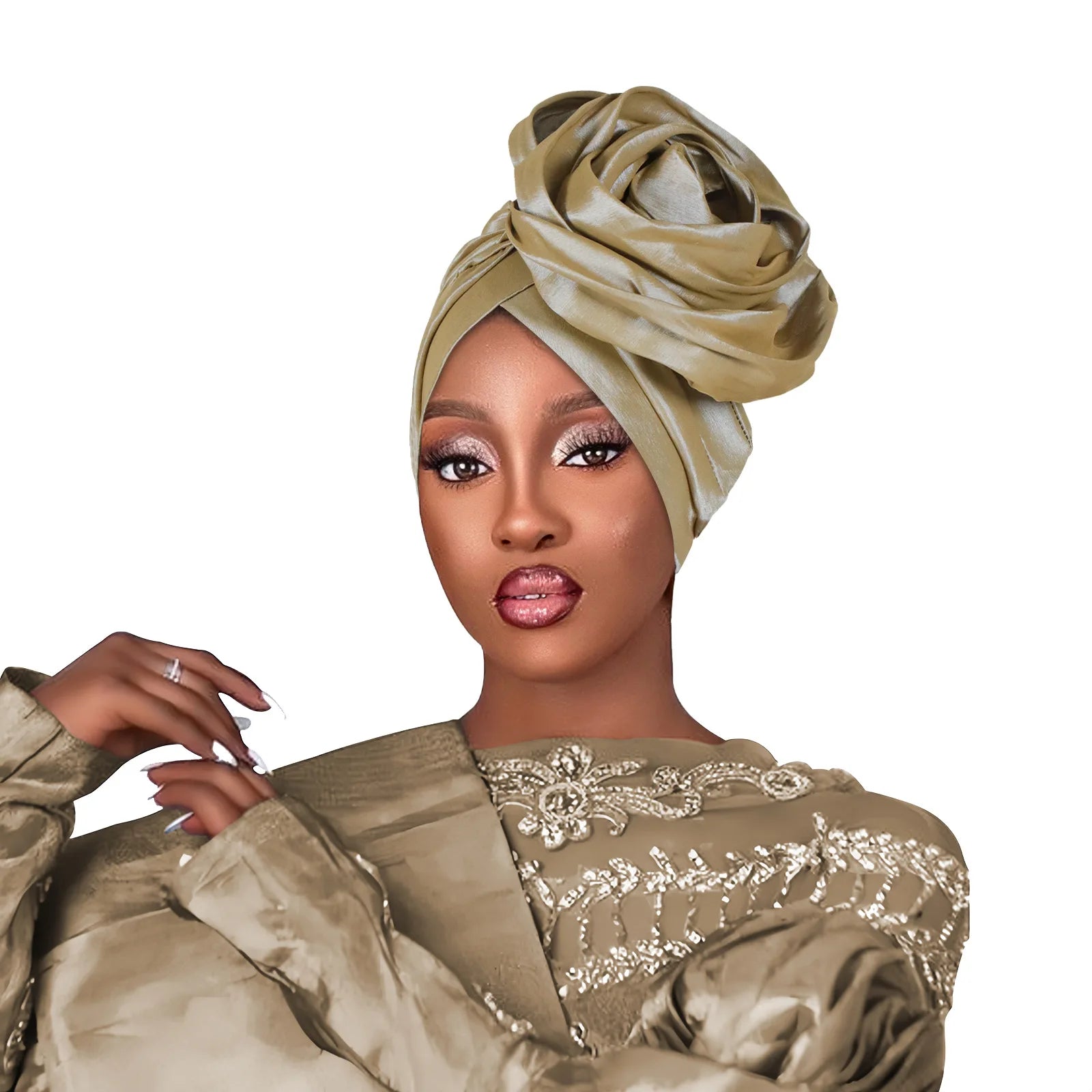 A sophisticated olive-green satin floral turban cap for women featuring an intricately folded rose-like design.