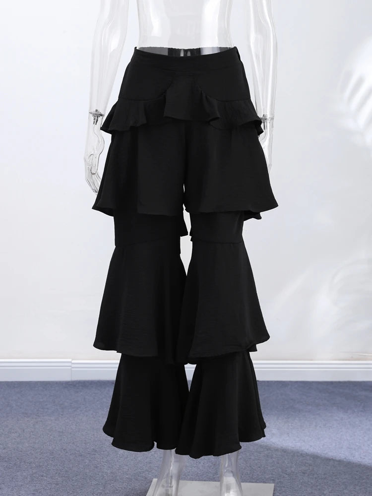 Chic Women Multi Layer Ruffle Flare Pants Wide Leg High Waist Long Trousers 2026 Autumn Lady All-matching Gothic Y2K Streetwear