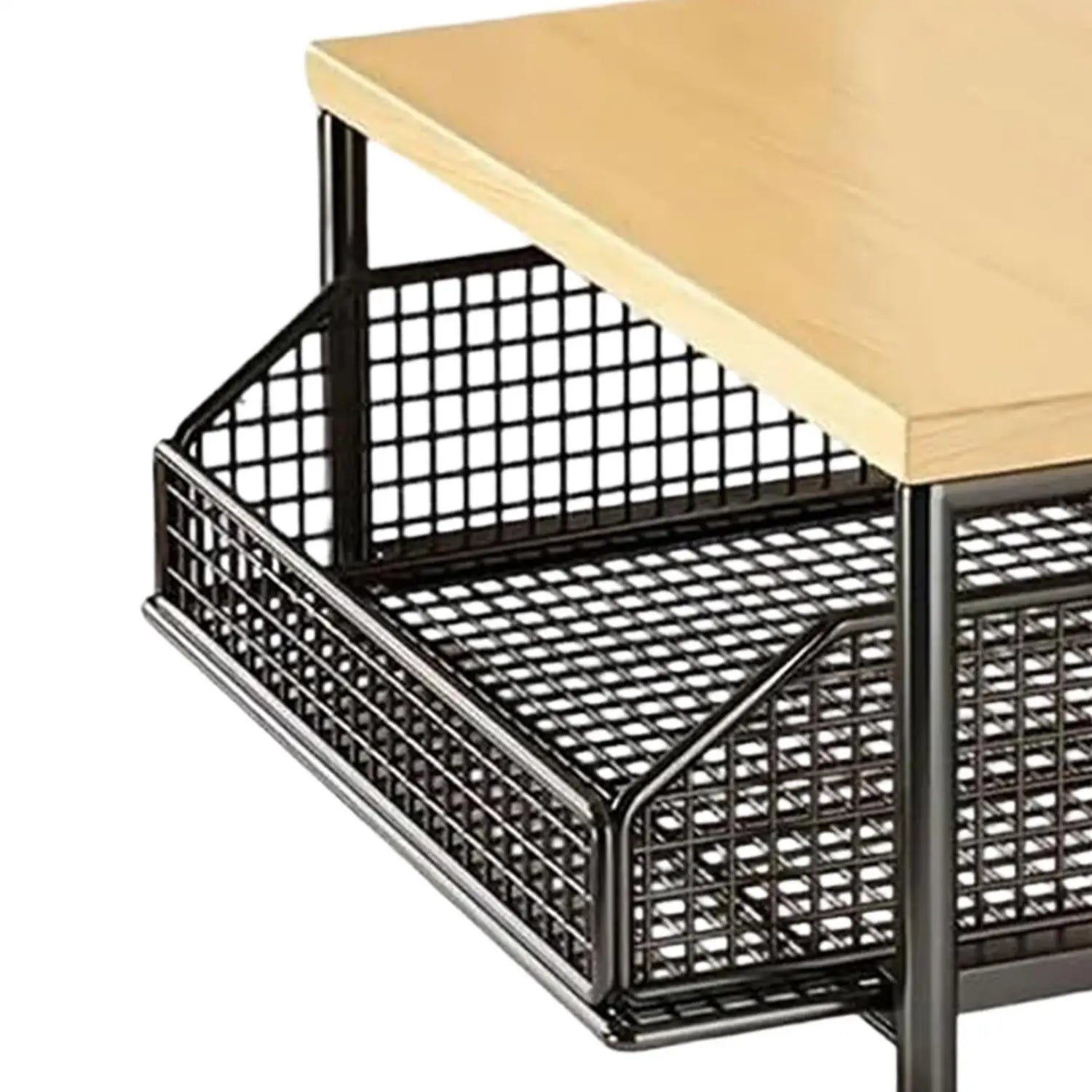 Organisateur de tiroir en treillis métallique noir avec motif en grille et châssis robuste, sur une étagère de rangement de cuisine à deux niveaux en bois et métal, pour un rangement de cuisine efficace.