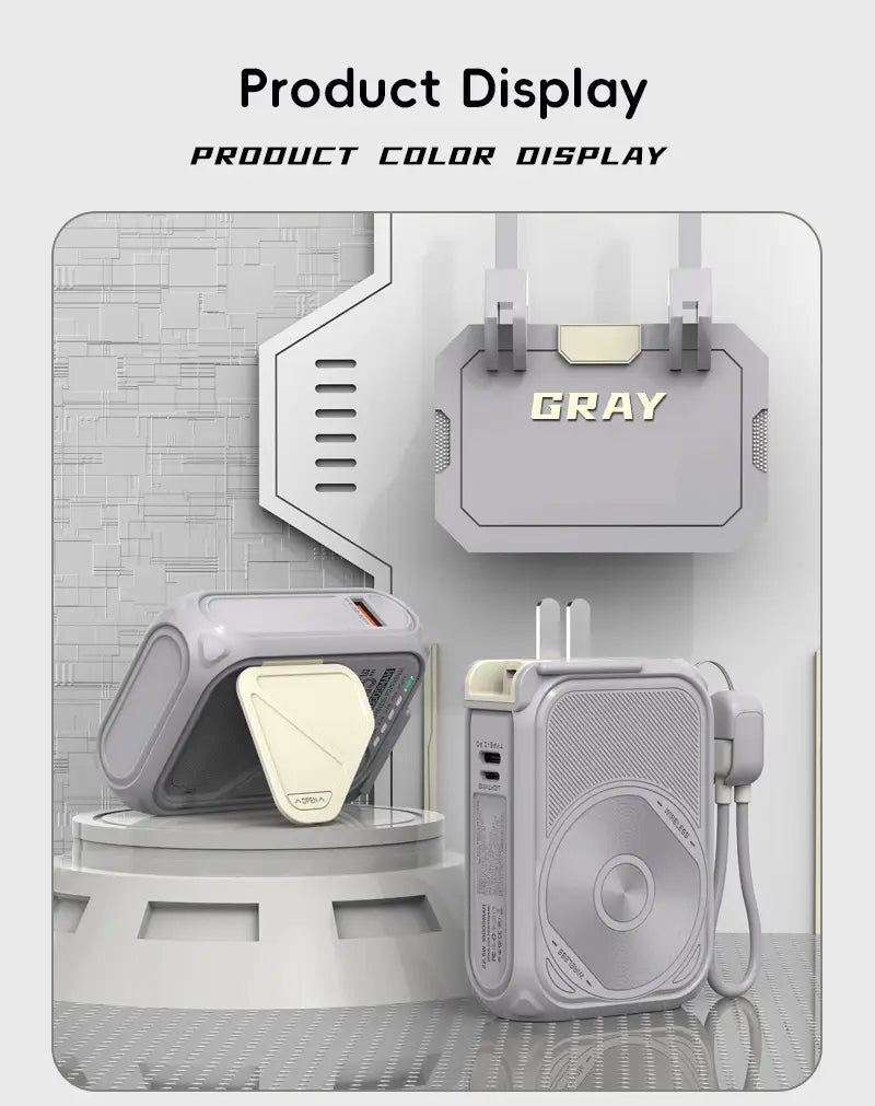 Gray portable speaker with a sleek modern design and textured surface featured as a power bank with a magnetic power bank 20000mah fast wireless charger battery feature.