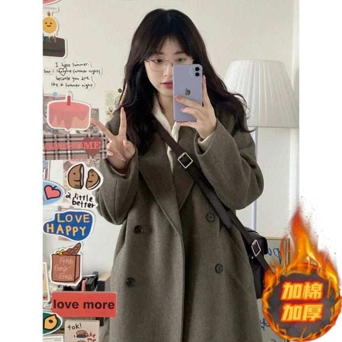 Women Elegant Midi Wool Blends Coat Korean Thicken Long Bandage Jackets Oversized Lace Up Outwear White Cardigan Woolen Overcoat