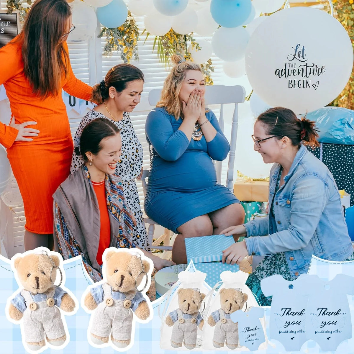 12-30 Sets Bear Baby Shower Favor for Guest Stuffed Plush Mini Bears Thank You Cards Organza Bag for Gender Reveal Guest Gifts