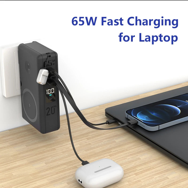 65W GaN USB C Charger Power Bank 20000mAh Qi2 Magnetic Wireless Fast Charger for iPhone 16 iWatch Laptop Powerbank with AC Plug