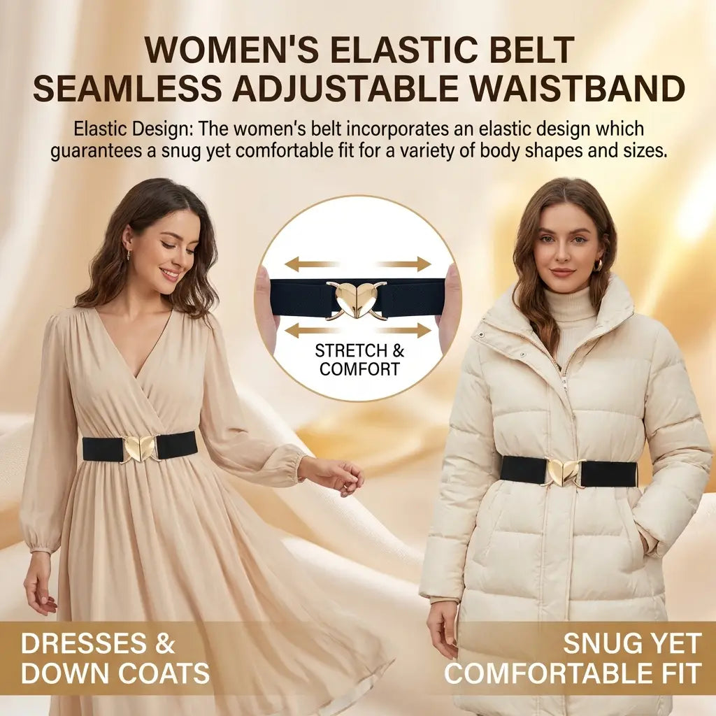 Ceinture élastique noire pour femme avec une boucle métallique en forme de cœur à finition ton or, présentant un design élégant et minimaliste.