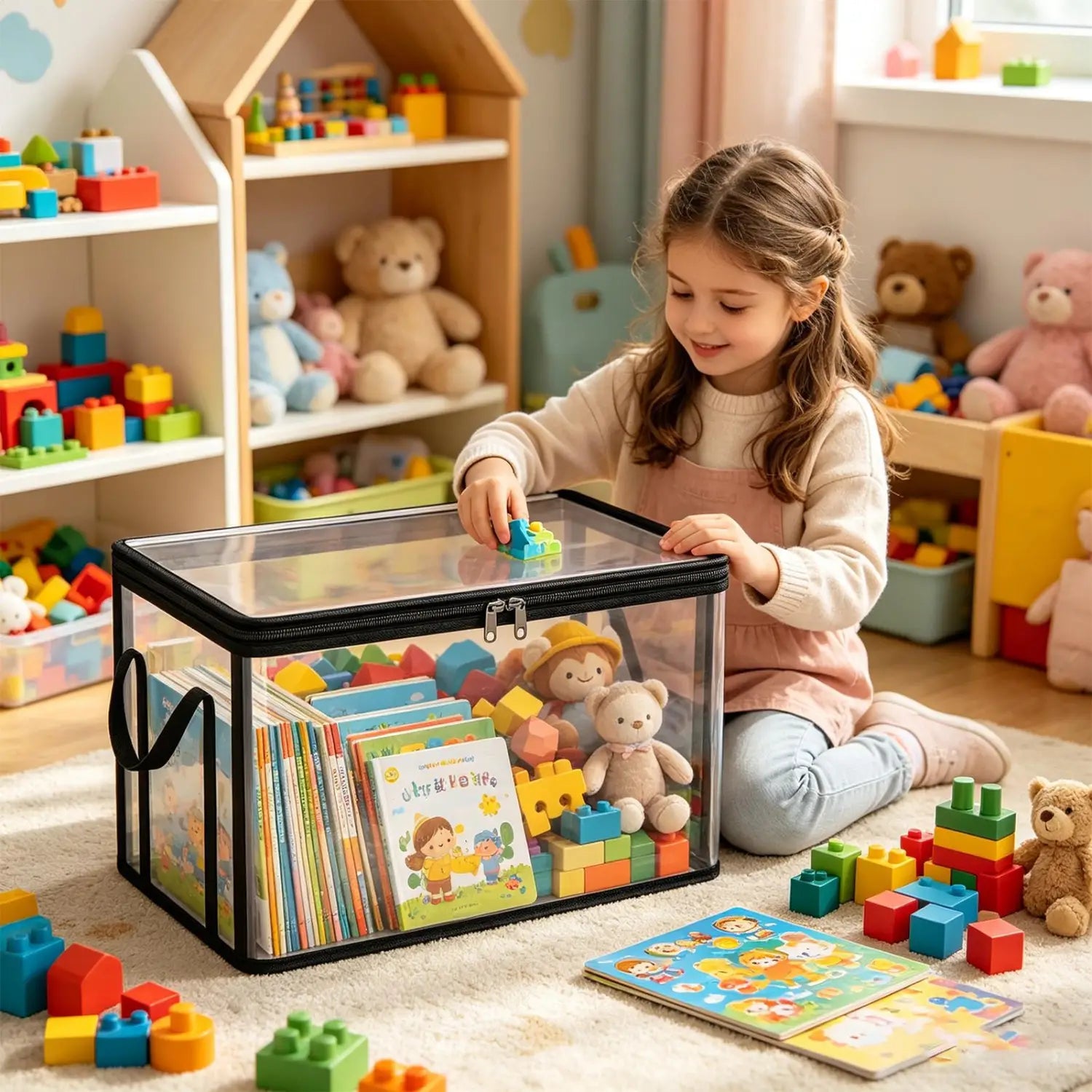 bacs de rangement empilables en plastique transparent en PVC transparent rectangulaires, avec bordure noire et poignées, remplis de blocs de construction colorés et de livres pour enfants, simplifiant l’organisation et le rangement.