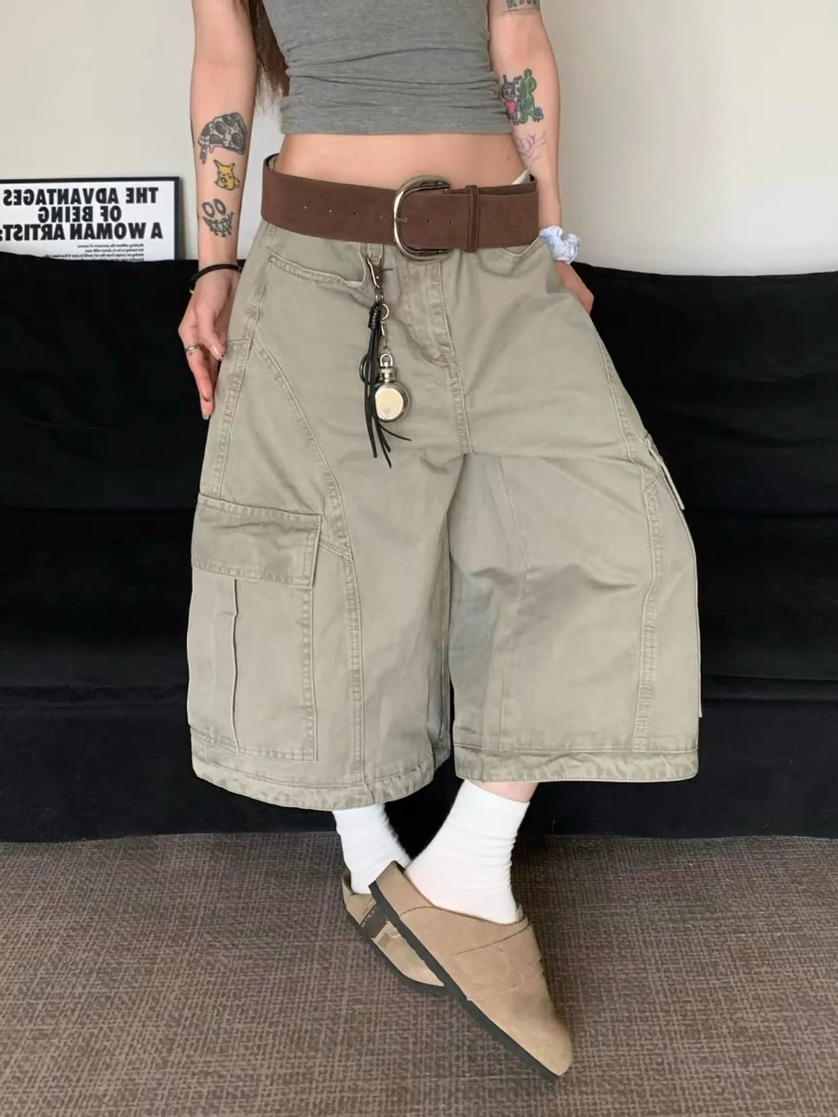 Women Denim High Waist Baggy Wide Leg Knee Length Jeans Shorts Grey Casual Loose American Streetwear Female Denim Short Pants