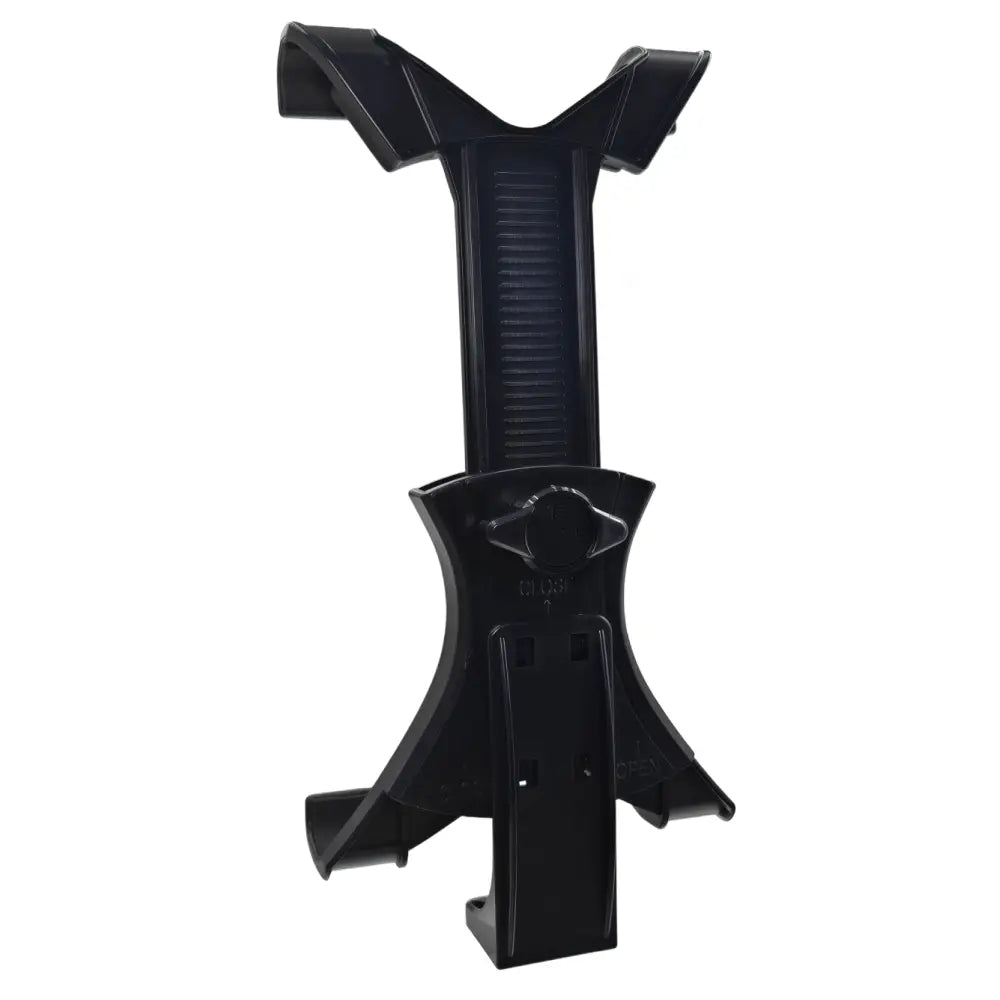 Support universel pour tablette en plastique noir avec prise texturée et mécanisme de serrage réglable pour les appareils Air, Air2, iPad et Galaxy.