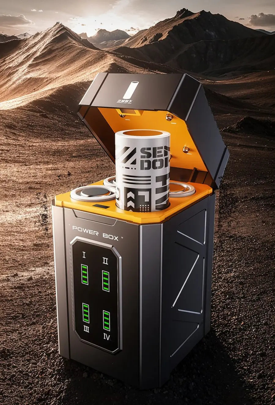 Eine schlanke taktische 5000-mAh-Taschenbatterie in Schwarz und Orange mit digitaler Anzeige für vier Akkustände sowie einem offenen Fach, das einen weißen zylindrischen Behälter freilegt – entworfen für eine zuverlässige Nutzung und positive Rückmeldungen an Arbeitstagen.