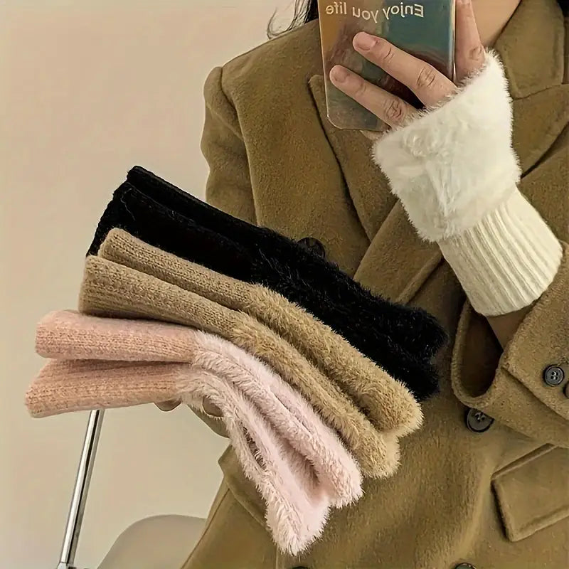 Une pile de gants d’hiver sans doigts pour femmes, avec une fourrure pelucheuse douillette dans des tons pastel doux et neutres.